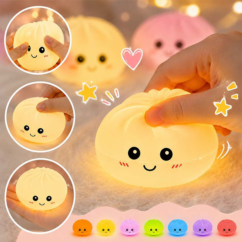 Cute Simulation Steamed Bun Soft Silicone Squishy Stress Relief Tap Control Rechargeable Kids Night Light